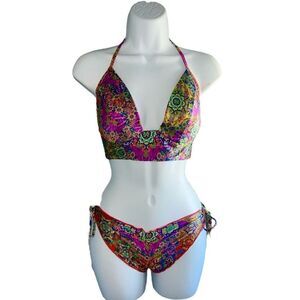 LULI FAMA Colorful Bikini Set Deep V-Neckline Bottom Low-Rise Fit Size L.